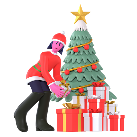 Fille de Noël décorer l'arbre de Noël  3D Icon