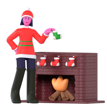 Fille de Noël mettant des chaussettes dans la cheminée  3D Icon