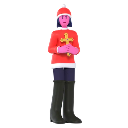 Fille de Noël tenant une croix  3D Icon