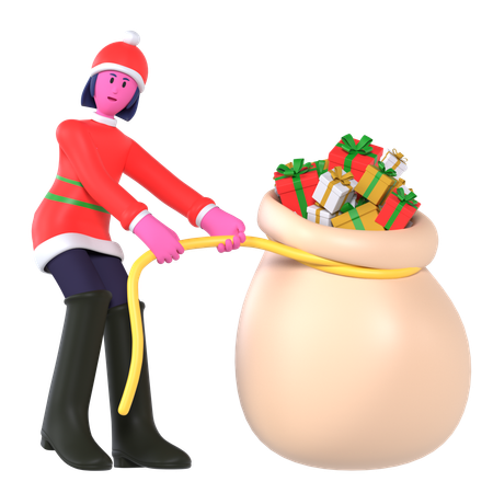 Fille de Noël tirant des sacs-cadeaux lourds  3D Icon