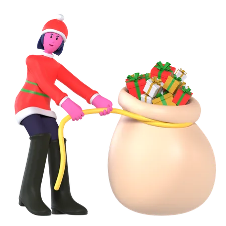 Fille de Noël tirant des sacs-cadeaux lourds  3D Icon