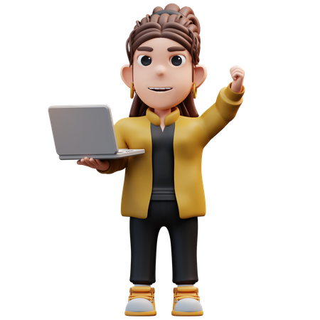 Fille de styliste debout joyeusement et tenant un ordinateur portable  3D Icon