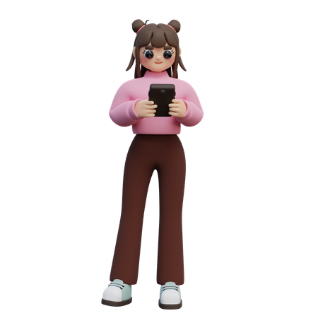 Fille debout et regarde le smartphone  3D Illustration