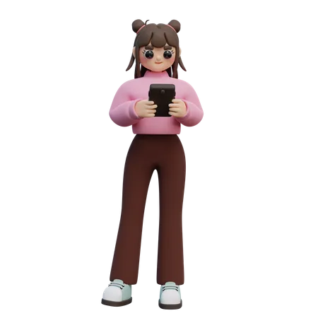 Fille debout et regarde le smartphone  3D Illustration