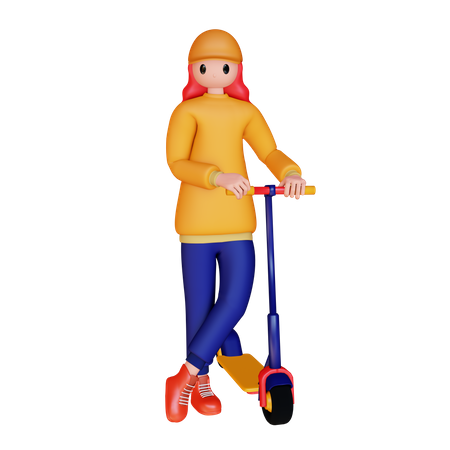 Fille debout près du scooter électrique  3D Illustration