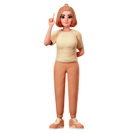 Fille décontractée pointant vers le haut avec la main gauche  3D Illustration