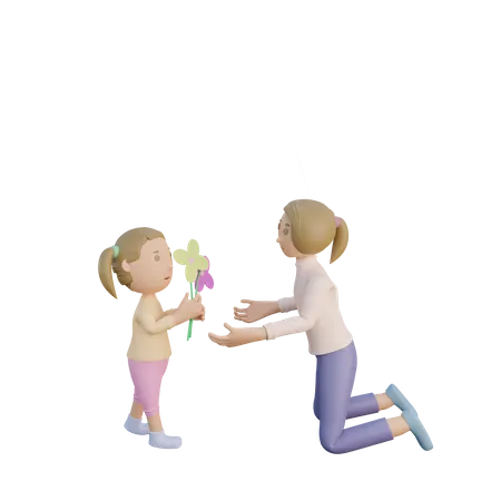 Fille donnant une fleur à sa mère  3D Illustration