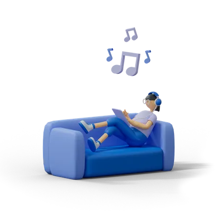 Fille écoutant de la musique sur un canapé  3D Illustration