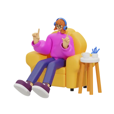 Fille écoutant une chanson sur un canapé  3D Illustration