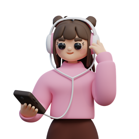 Fille écouter de la musique dans Martphone avec des écouteurs  3D Icon