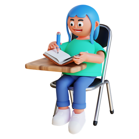 Fille écrivant sur un livre et s'asseyant sur une chaise  3D Illustration