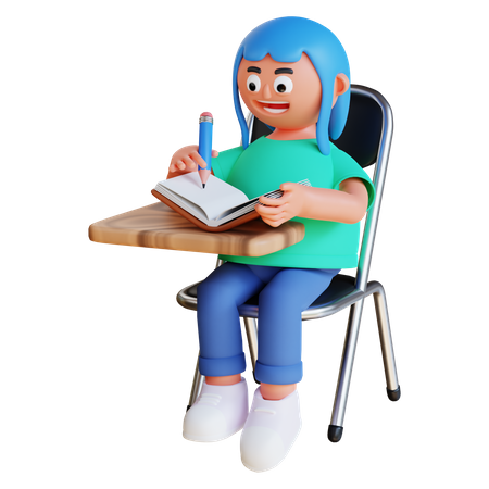 Fille écrivant sur un livre et s'asseyant sur une chaise  3D Icon