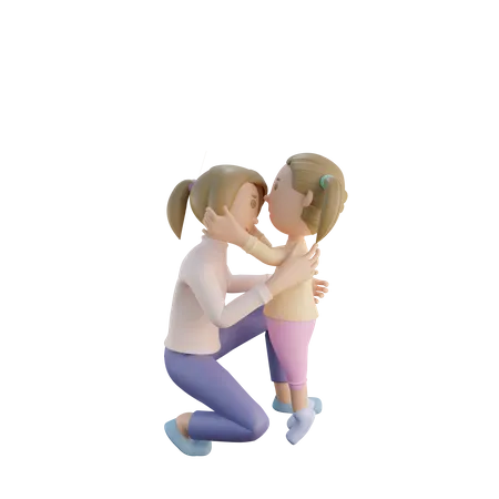 Fille embrassant sa mère sur le front  3D Illustration
