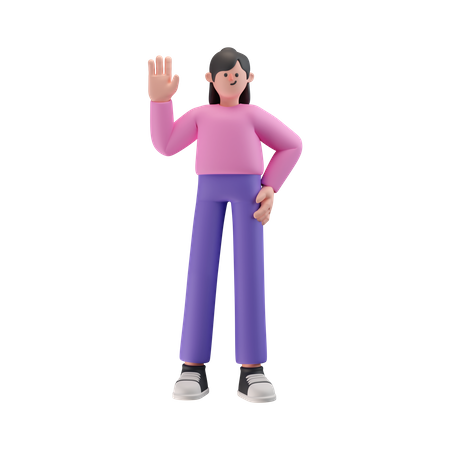 Fille en pose de marche et en agitant la main, dites bonjour  3D Illustration