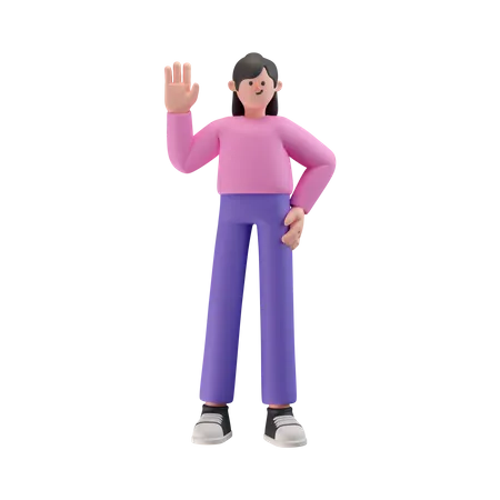 Fille en pose de marche et en agitant la main, dites bonjour  3D Illustration