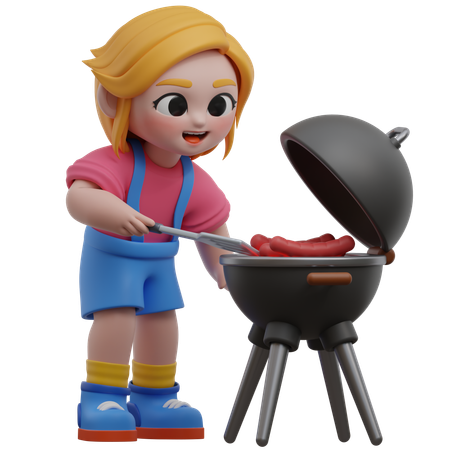 Fille faisant griller des saucisses  3D Illustration