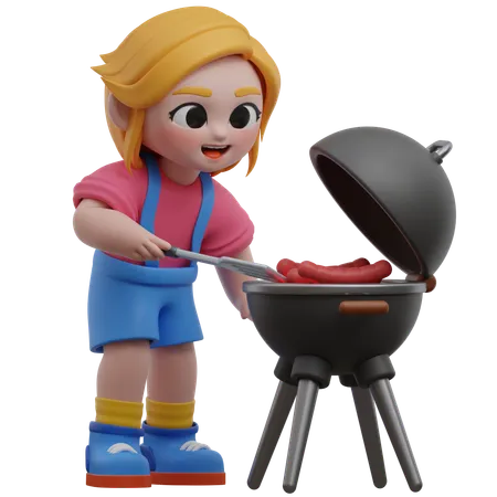 Fille faisant griller des saucisses  3D Illustration