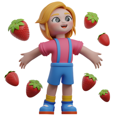 Fille entourée de fraises  3D Illustration