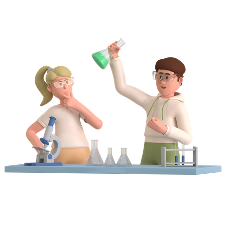 Fille et garçon faisant une expérience en laboratoire  3D Illustration