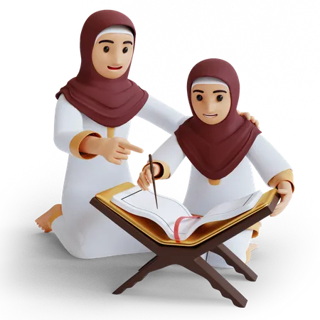 Fille et maman lisant le Coran  3D Illustration