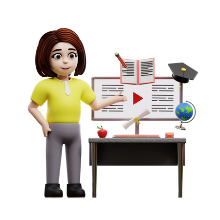 Fille étudiante étudiant en ligne  3D Illustration