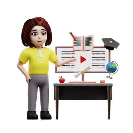 Fille étudiante étudiant en ligne  3D Illustration