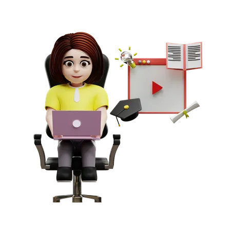 Fille étudiante étudiant en ligne  3D Illustration