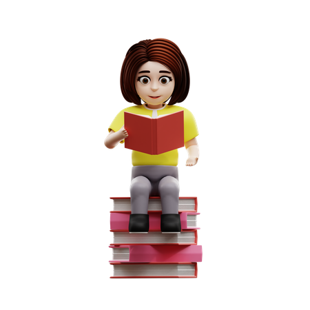 Fille étudiante lisant un livre  3D Illustration