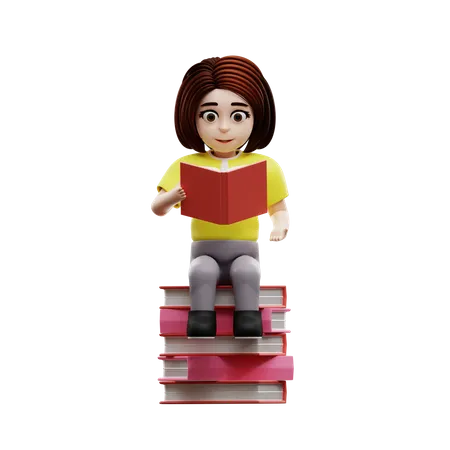 Fille étudiante lisant un livre  3D Illustration