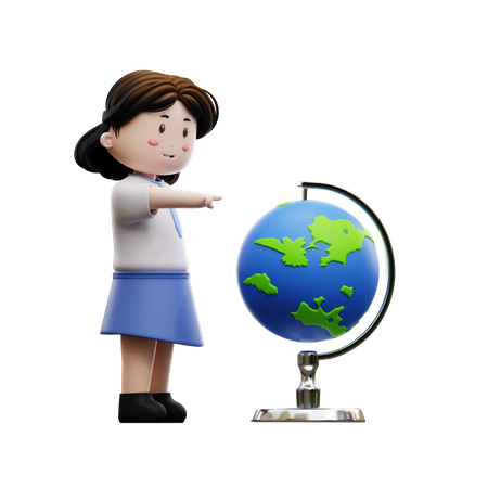 Fille étudiante pointant vers le globe  3D Illustration