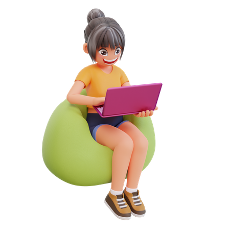 Une fille étudie sur un ordinateur portable à la maison  3D Illustration