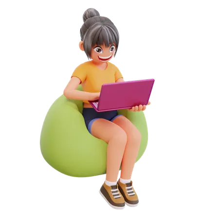 Une fille étudie sur un ordinateur portable à la maison  3D Illustration