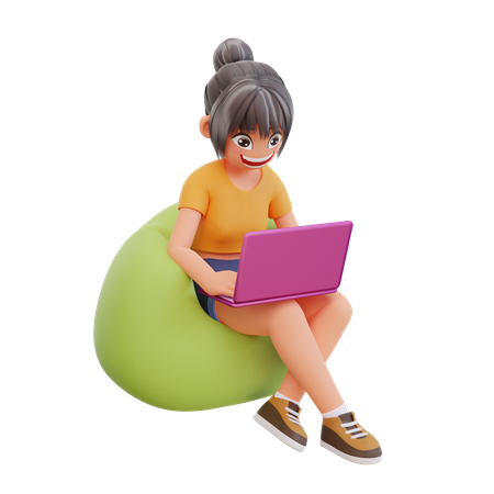 Une fille étudie sur un ordinateur portable à la maison  3D Illustration