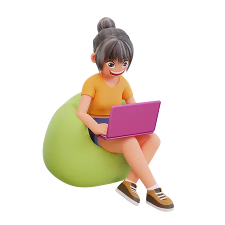 Une fille étudie sur un ordinateur portable à la maison  3D Illustration