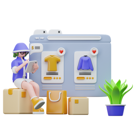 Fille faisant des achats de vêtements en ligne  3D Illustration