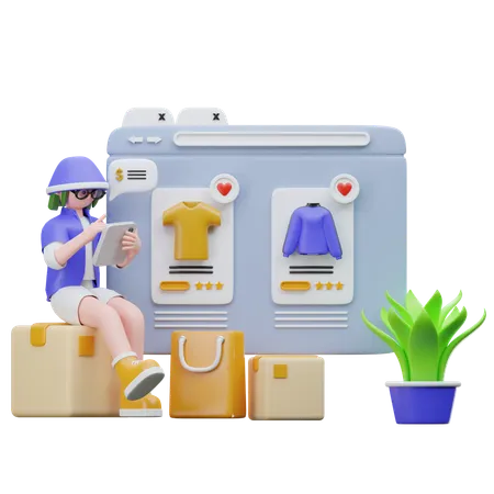 Fille faisant des achats de vêtements en ligne  3D Illustration