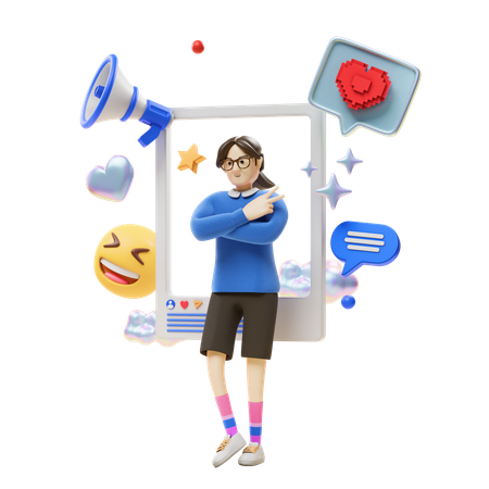 Fille faisant du marketing sur les réseaux sociaux  3D Illustration