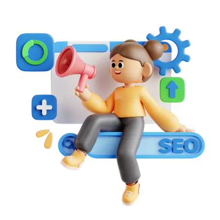 Fille faisant du marketing numérique SEO  3D Illustration