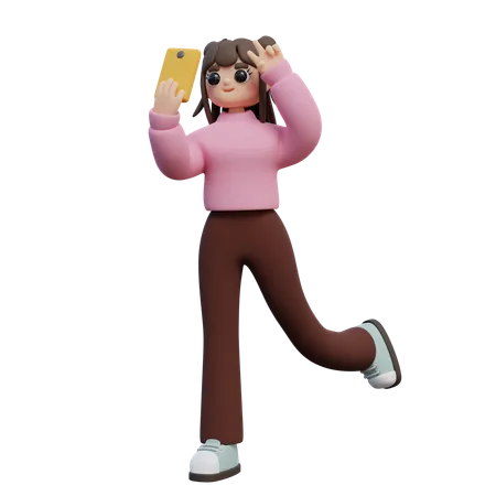 Fille faisant Selfie avec smartphone  3D Illustration