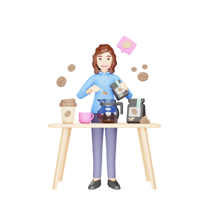 La fille prépare du café dans une verseuse à café  3D Illustration