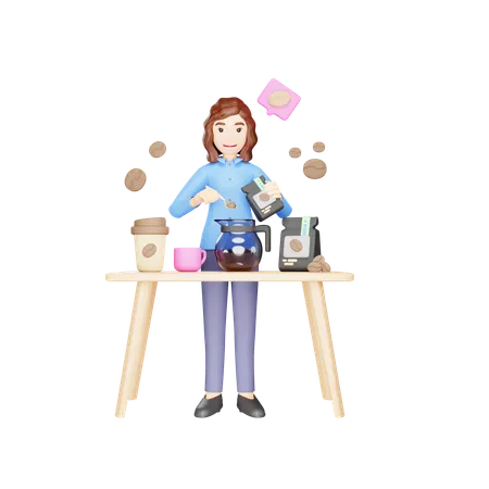 La fille prépare du café dans une verseuse à café  3D Illustration