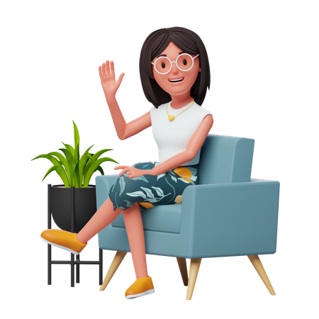 Happy Girl renonçant à la main alors qu'elle était assise sur un canapé  3D Illustration