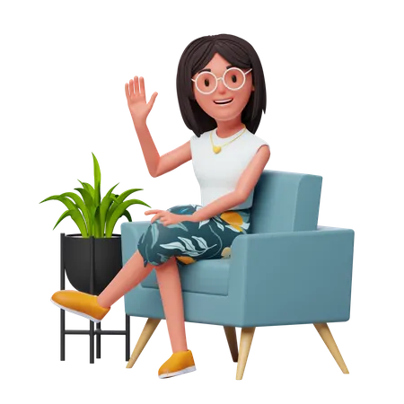 Happy Girl renonçant à la main alors qu'elle était assise sur un canapé  3D Illustration