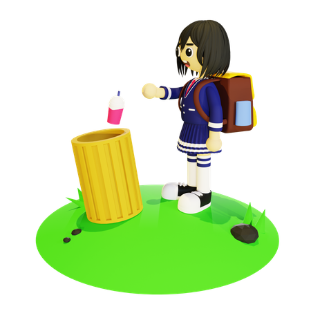 Fille jetant des ordures dans la poubelle  3D Illustration