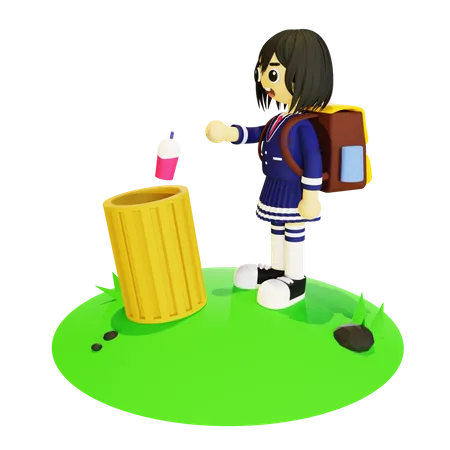 Fille jetant des ordures dans la poubelle  3D Illustration