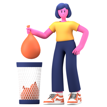 Une fille jette des ordures dans une poubelle  3D Illustration