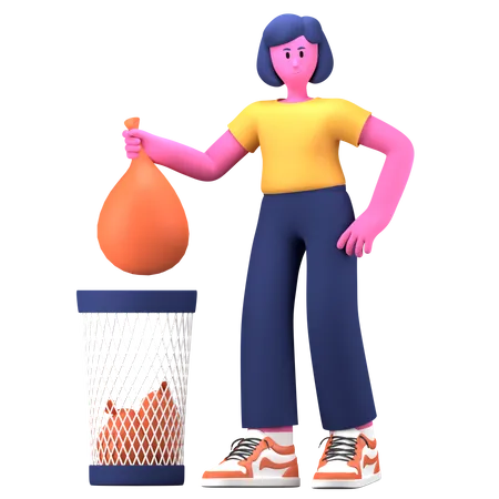 Une fille jette des ordures dans une poubelle  3D Illustration