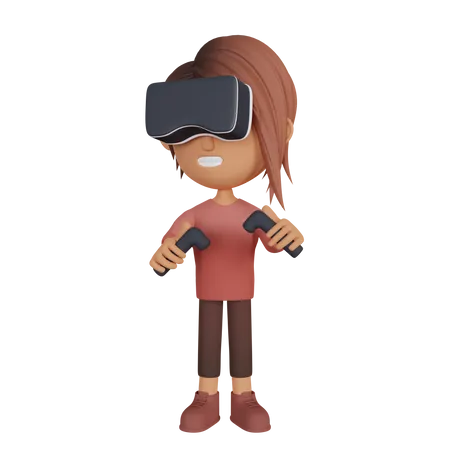 Fille jouant à un jeu de réalité virtuelle  3D Illustration
