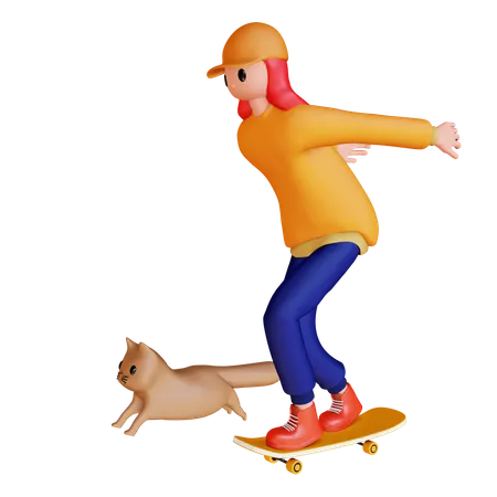 Fille jouant au skateboard  3D Illustration