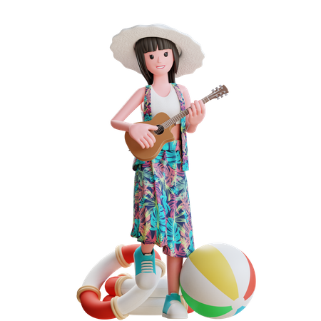 Fille jouant de la guitare sur la plage  3D Icon